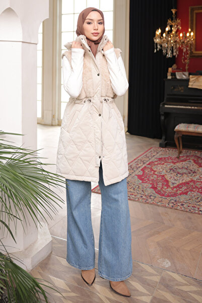 İmajButik Stone Hooded Elastic Waistband Quilted Puffer Vest