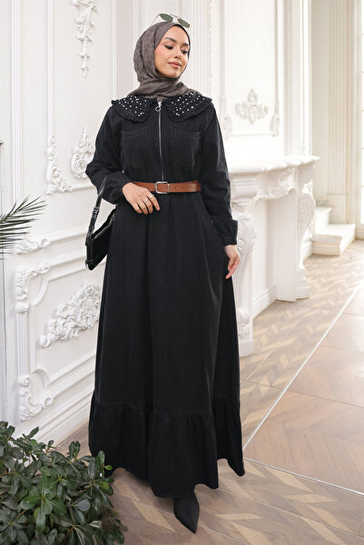 İmajButik Black Collar Stone Half-Zip Belted Denim Dress