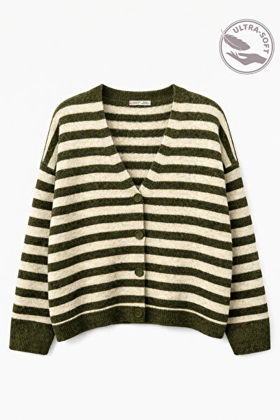 Mixray 7017 Women's Wool Blend Oversized Striped Knitwear Cardigan Khaki