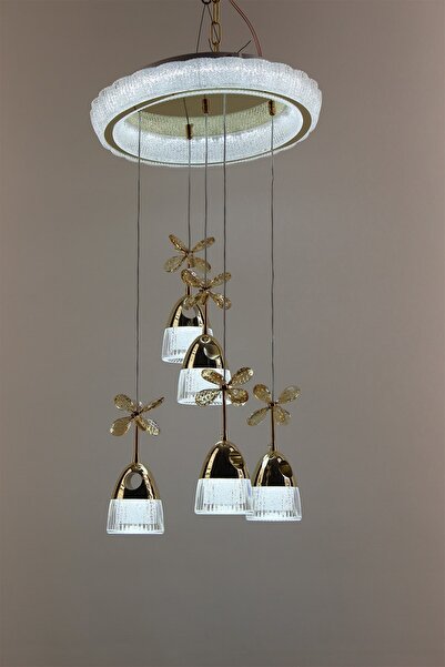 GN GEN AYDINLATMA Gold 5li Yoğun Kristalize Gövde Bal Rengi Kelebekli Modern ...