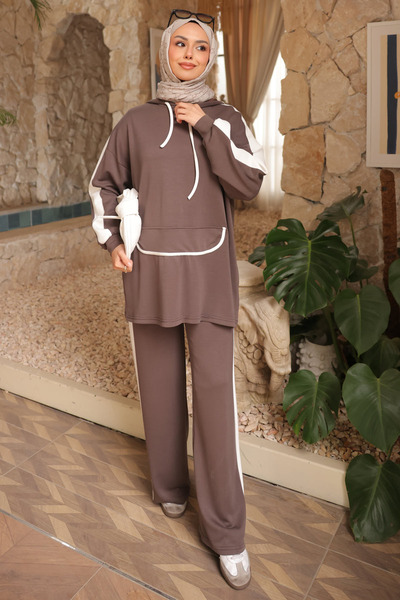 İmajButik Koyuv Mink Hooded Color Block Tunic Trouser Set
