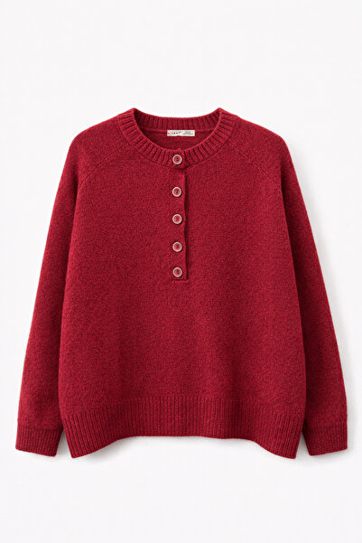Mixray 7004 Women's Buttoned Basic Knit Sweater Burgundy