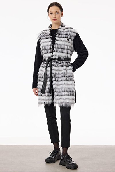 Tığ Triko Kürklü Deri Kuşaklı Hırka SİYAH