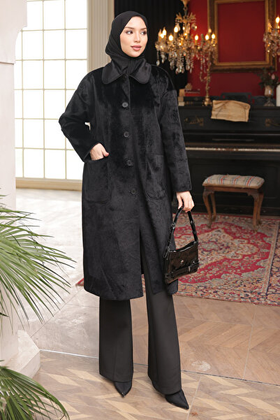 İmajButik Black Pocket Buttoned Cashmere Coat
