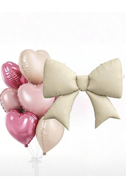 Öztürkpartievi Bow Foil Balloon Set 7 Pieces |   Pink Beige Heart Balloon |  ...