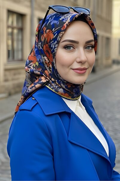 İmajButik Cobalt Pomegranate Flower Soft Digital Cotton Scarf