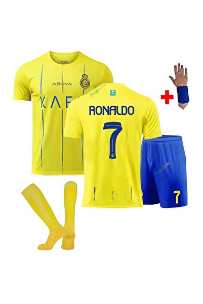 Alaturka Mix Al-nassr 2026 Ronaldo Sarı Çocuk Forması Şort Çorap Bileklik Hed...