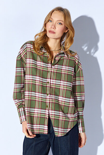 Manche Khaki Plaid Patterned Oversized Shirt |   Mks1610714-1
