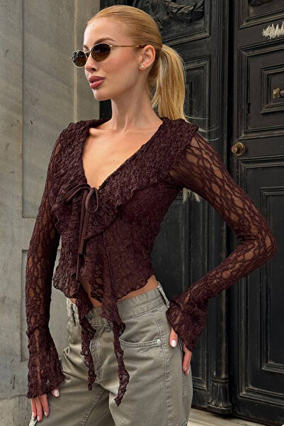 Trend Alaçatı Stili Women's bitter brown v-neck tie-front ruffled tulle blous...