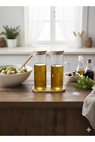 BAYSA 2'li Bambu Kapaklı Standlı Borosilikat Cam Yağlık Sirkelik Seti
