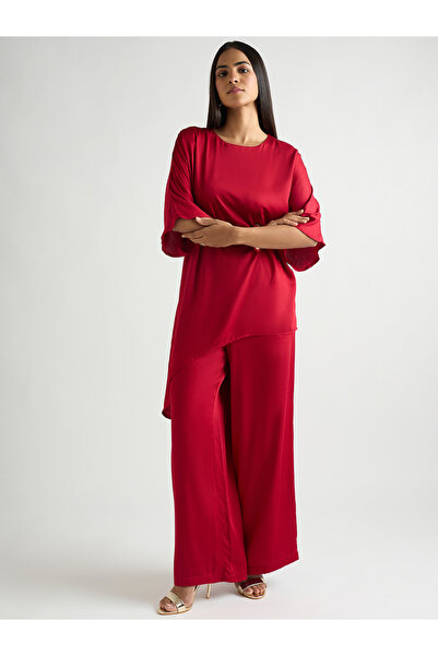 Femmella By Styli Women Red Satin Asymmetric Top with Trousers Co-Ords