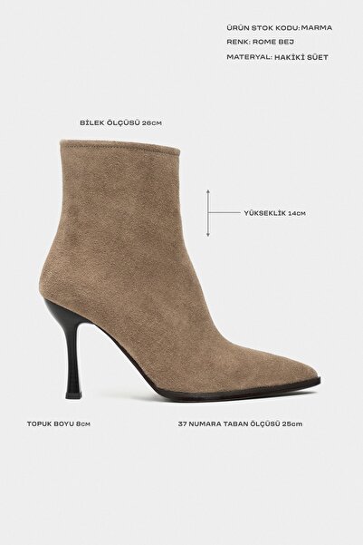 NİŞANTAŞI SHOES Marma Rome Bej Hakiki Süet Deri Fermuar Detay Sivri Burun Kadın Topuklu Bot