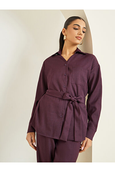 Styli Women Burgundy Long Sleeve Shirt with Tie Waist