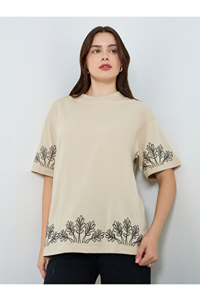 Styli Women Beige Embroidered Oversized T-Shirt