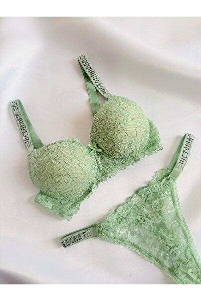 dorsha Kadın Dantelli Yarım Destekli Taşlı Sütyen ve Tanga Takımı