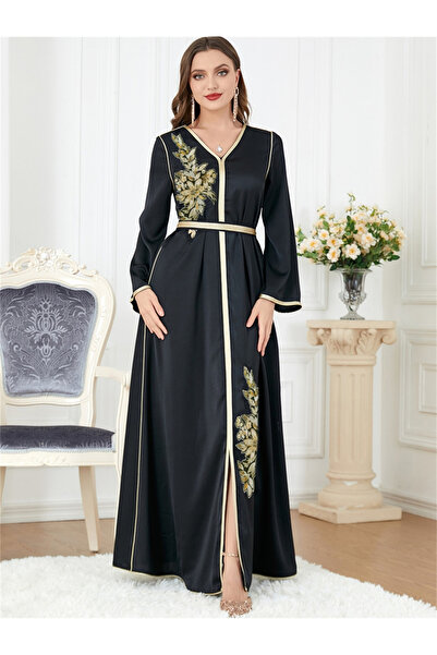 Take Two By Styli Women Black Graphic Patch Detail Belted Jalabiya