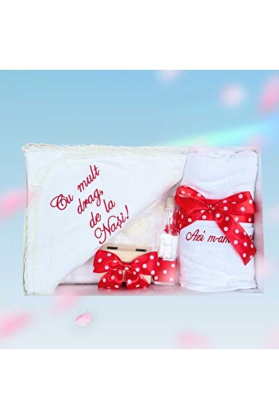OEM Trusou Botez Complet 7 Piese cu Fundita Rosie si Buline Albe