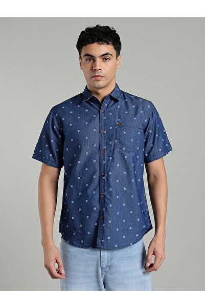 KUONS AVENUE By Styli Men Blue Denim Print Short Sleeve Shirt