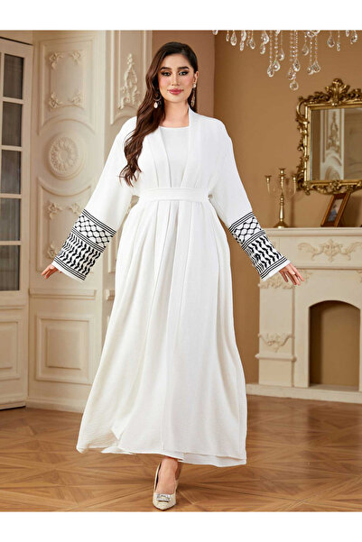 Take Two By Styli Women Geometric Belted Long Sleeve Abaya