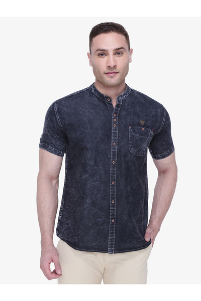 KUONS AVENUE By Styli Men Grey Denim Mandarin Collar Shirt