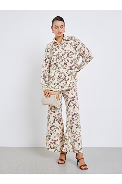 Styli Leaf Print Oversized Shirt and Flared Pants Co-Ords