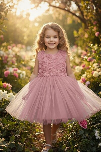 ABİYEKİDS Rochie de seară pentru copii, cu tul în relief 3D, cu pudră, pentru...
