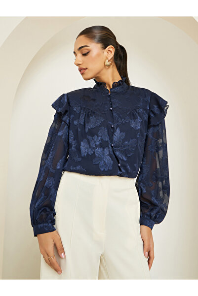Styli Women Jacquard Balloon Sleeve Blouse with Ruffle Detail