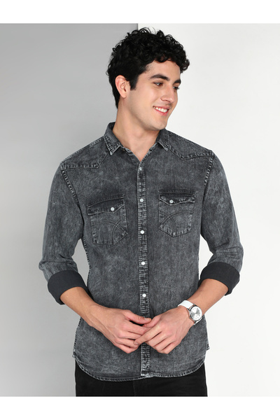 KUONS AVENUE By Styli Men Grey Double Pockets Denim Shirt