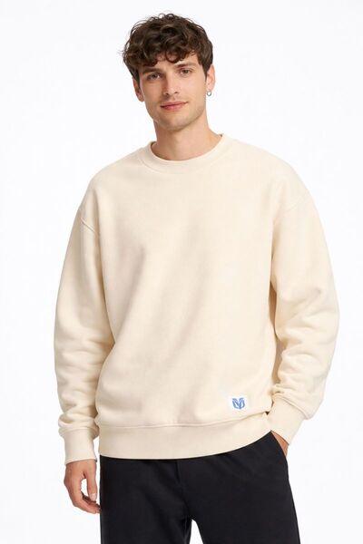 Ventoze Men's Cream Basic Oversized Sweatshirt |   3 Yarns Sh Fleece-Lined 10...