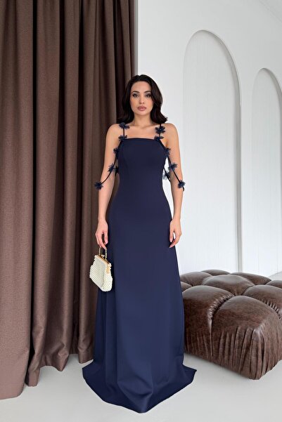 Serica Moda Navy Blue Strap Floral Detailed Long Evening Dress