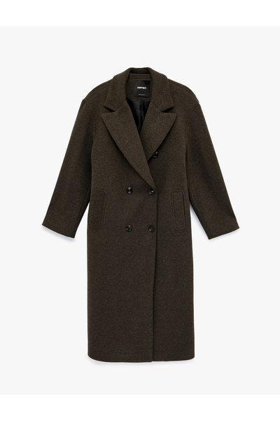 Koton Uzun Kollu Cepli Düğmeli Kruvaze Kaşe Kaban