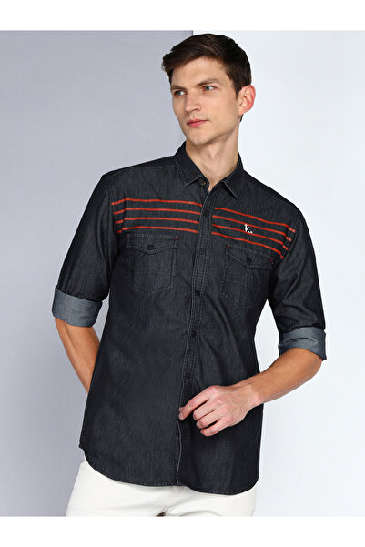 KUONS AVENUE By Styli Men Black Denim Shirt with Stripe Detail
