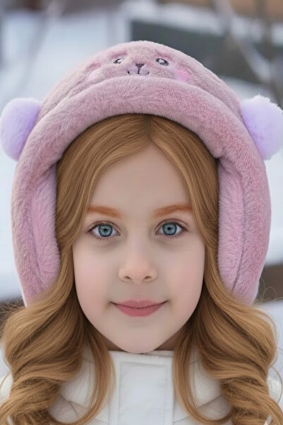 CAŞ DEKORASYON غطاء للأذنين من القطيفة باللون الوردي الداكن مع شكل دمية دب