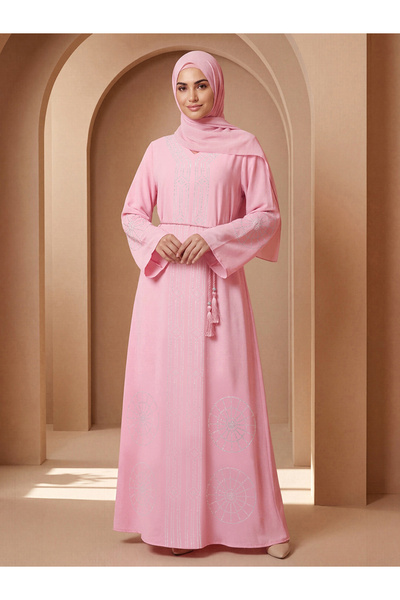 Globus By Styli Women Pink Embellished Abaya with Hijab