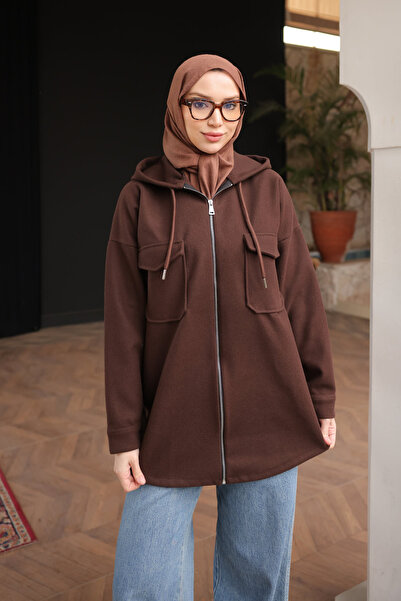 İmajButik Brown Hooded Zippered Cashmere Jacket
