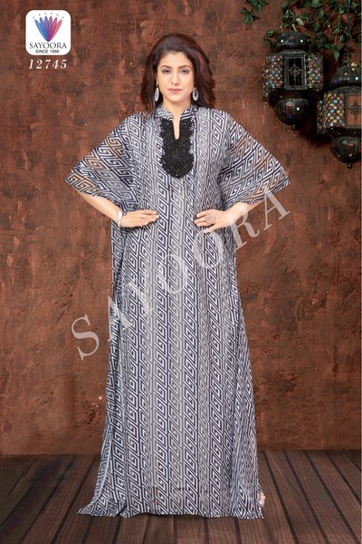 Sayoora Since 1990 White Printed Farasha Kaftan