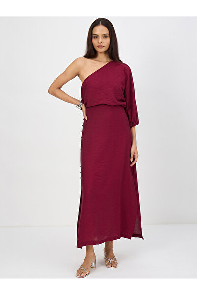 Femmella By Styli Women Maroon One Shoulder Top with Skirt Co-Ords