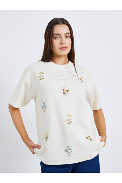 Styli Women Off White Embroidered Oversized T-Shirt
