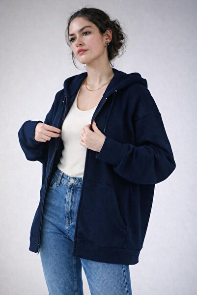 MaviMoure UNISEX MEVSİMLİK 2 İPLİK FERMUARLI KAPUŞONLU HIRKA (İÇİ POLARLI DEĞ...