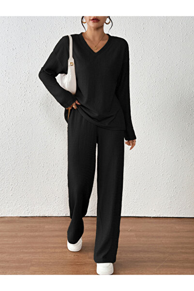 Take Two By Styli Women Black Textured T-Shirt and Pants Co-Ords