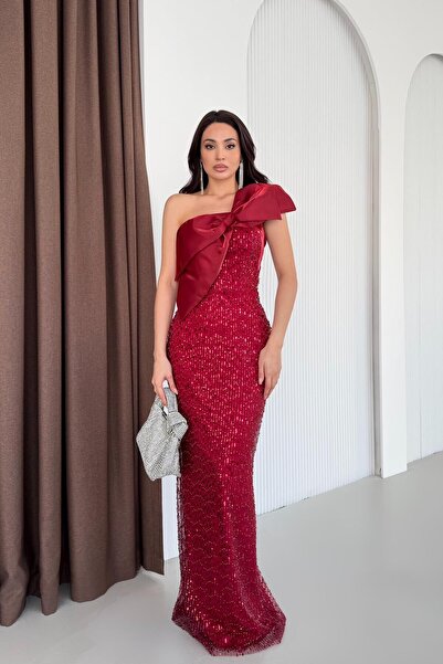Serica Moda Burgundy Neckline Detailed Sequined Long Evening Dress