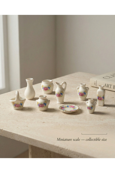 Bood Design 9’lu Minyatür Seramik Vazo Seti, Çiçek Desenli, Vintage Stil, Kol...