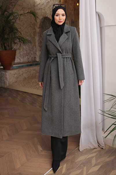 İmajButik Smoked Waist Belted Long Cashmere Coat