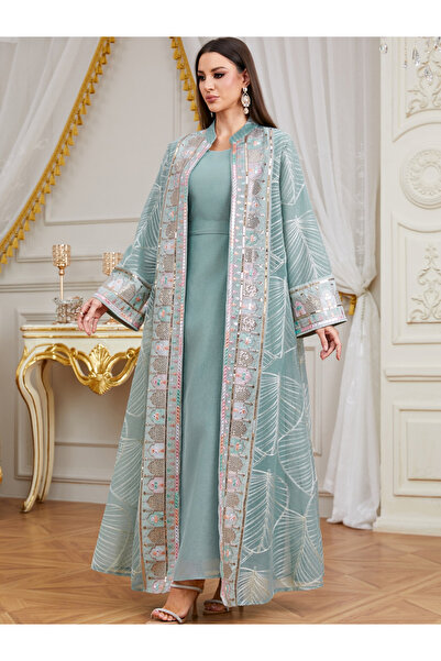 Take Two By Styli Women Sequin Patch Detail Kimono and Dress Modest Set