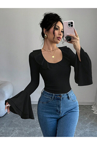 Take Two By Styli Women Black Solid Ruffled Neck Flare Sleeve Top