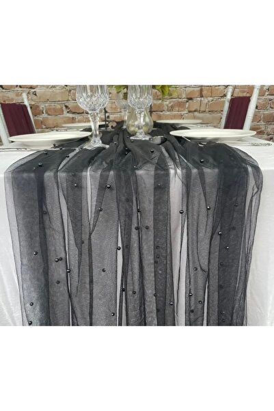 GUSTELLO 100x300 cm İnci Çakmalı Tül Masa Runner - Söz Nişan Kına Masası Örtü...