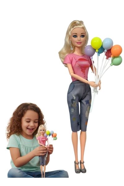 Premium دمية باربي الأنيقة مع بالونات ملونة، دمية شقراء ترتدي بلوزة وردية لوق...