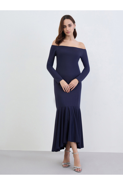 Styli Navy Blue Off-Shoulder Mermaid Hem Maxi Dress