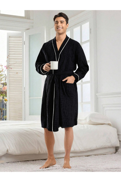 Take Two By Styli Men Solid Piping Detail Belted Robe