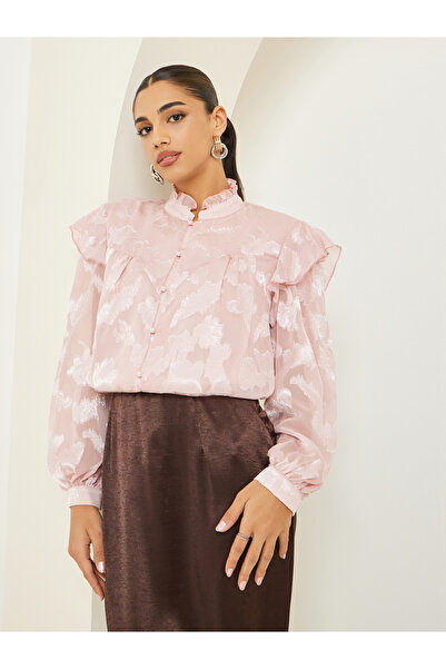 Styli Women Jacquard Balloon Sleeve Blouse with Ruffle Detail